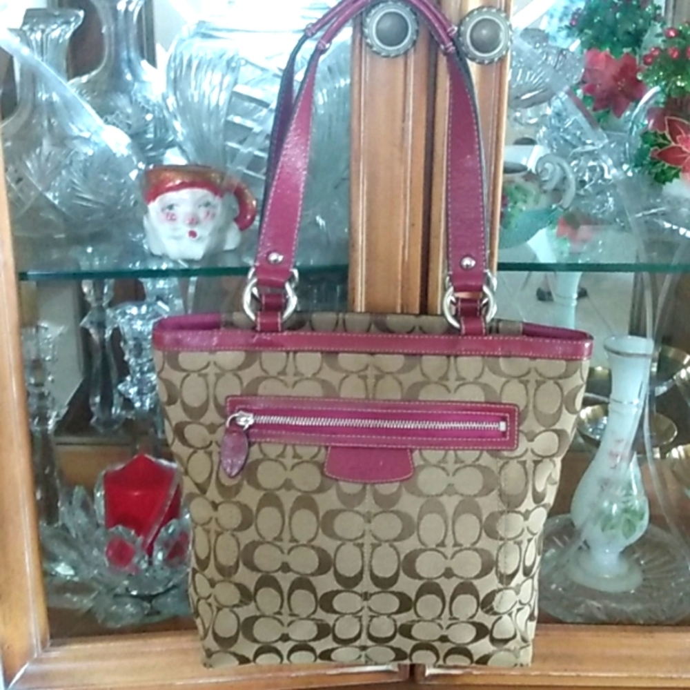 COACH PURSE RED LEATHER BEIGE Fabric